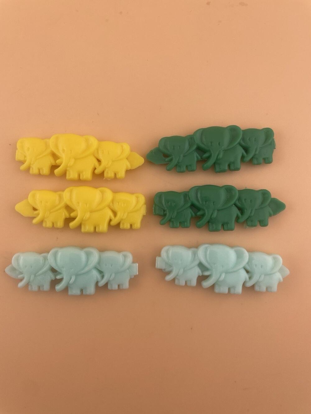 VTG 1980s 6pc Mold Used by Goody Snap Tight Barrettes Lot Elephant-yellow/bl/gr